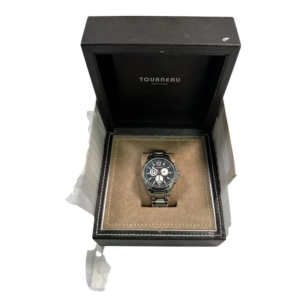 Tourneau‎ Timepieces Stainless Steel Chronograph Watch Black Dial Mens